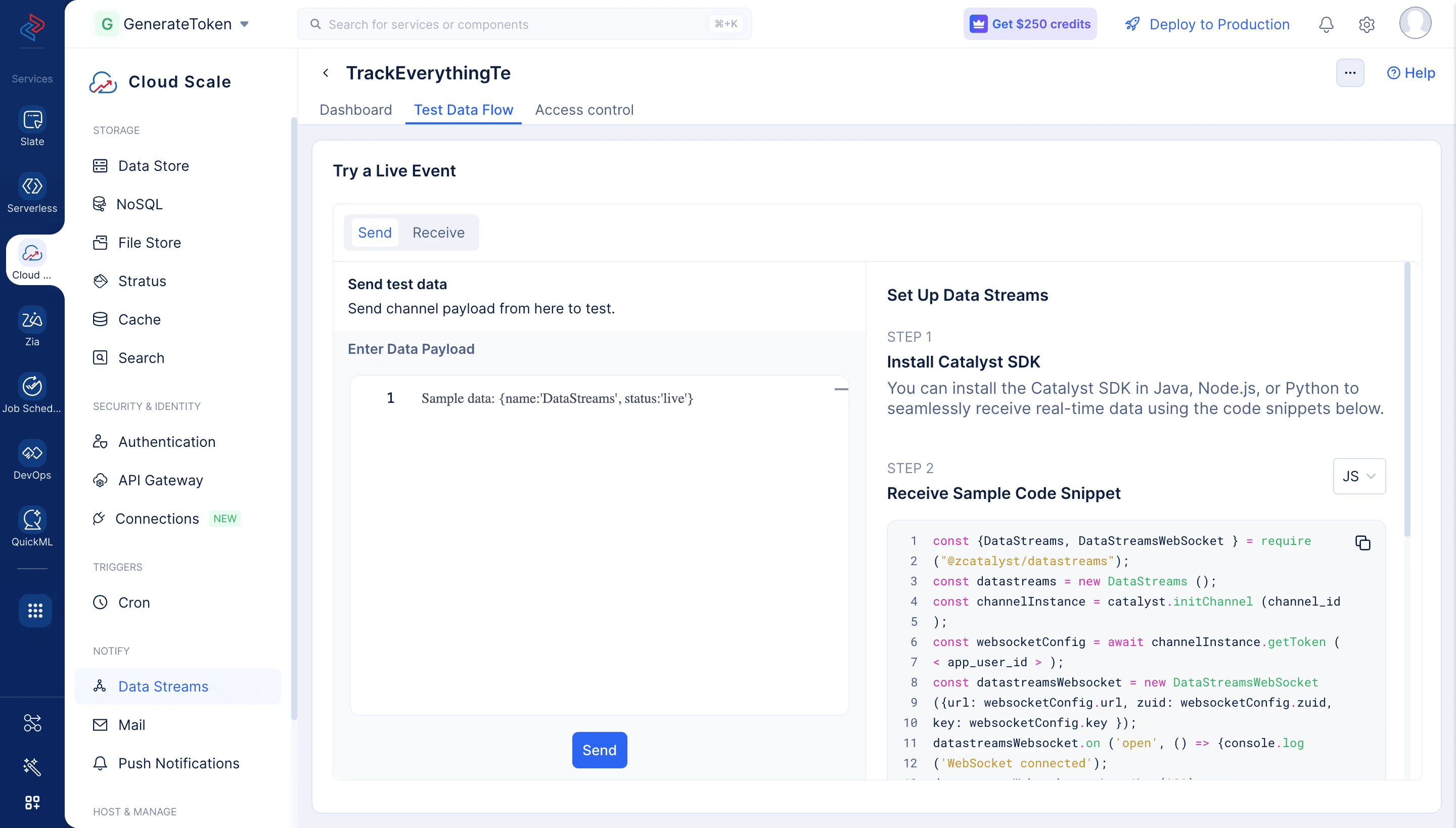 Test Data Flow section after channel creation