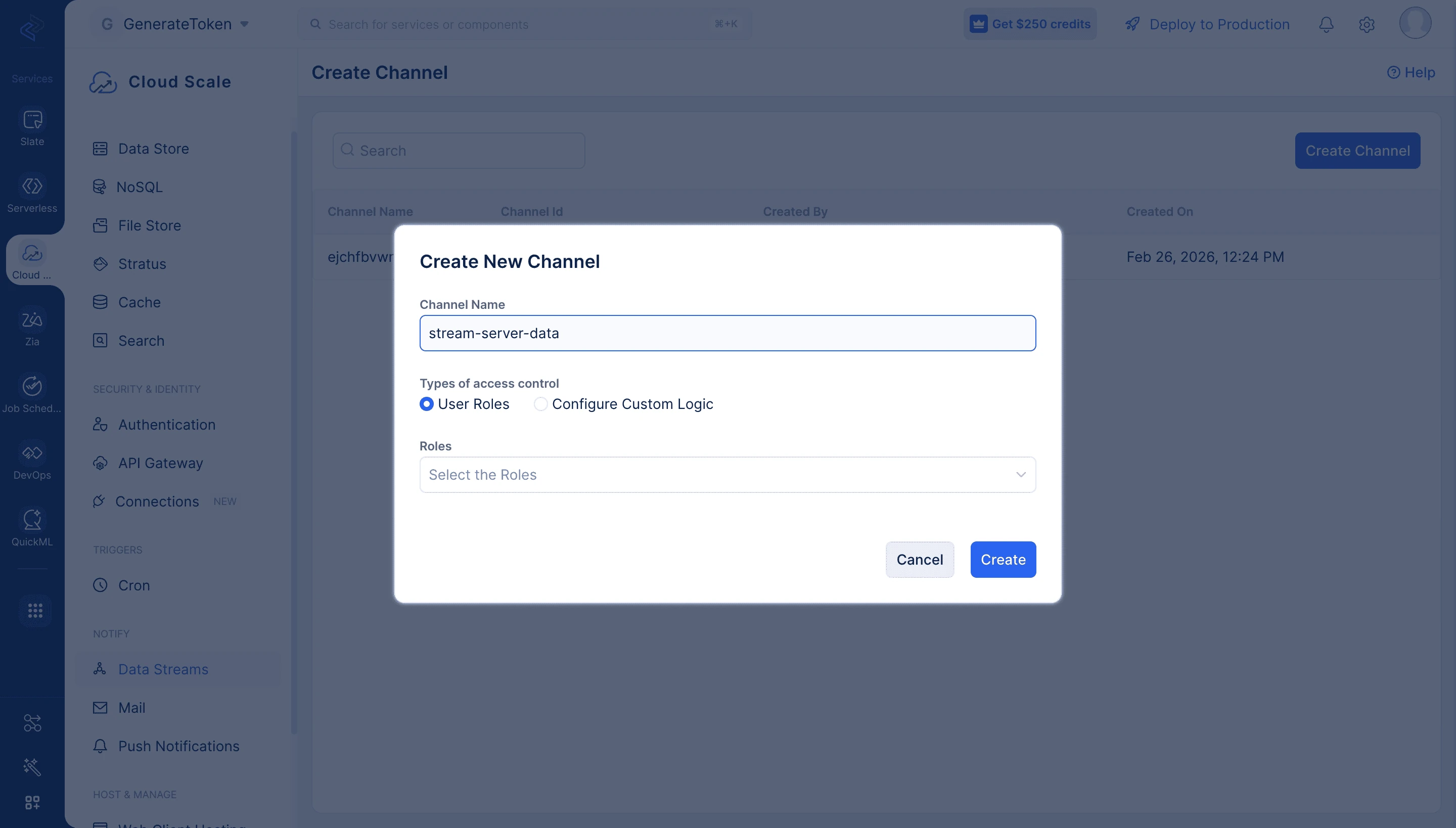 Channel creation form with name and access control