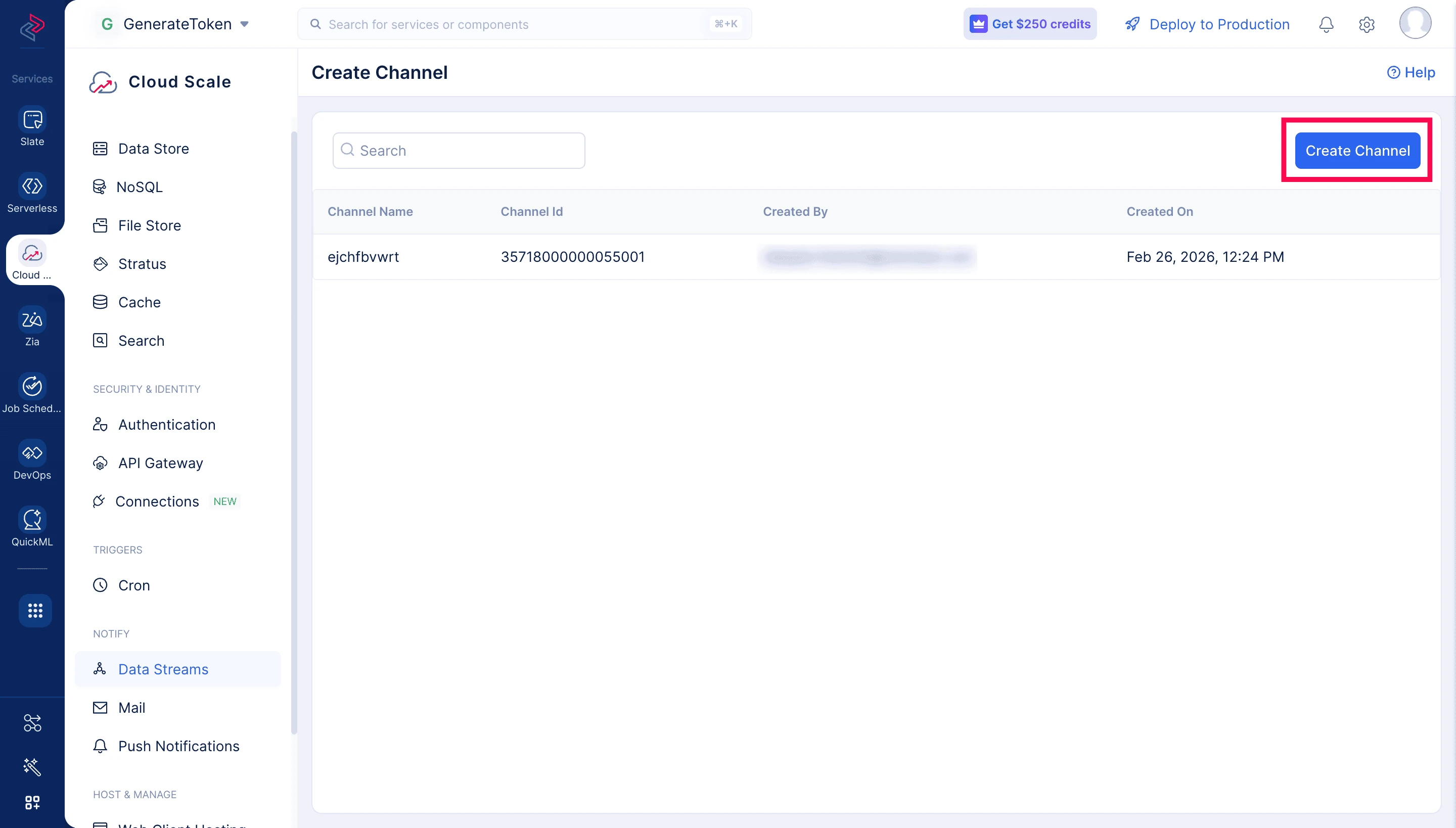 Create Channel button in Data Streams