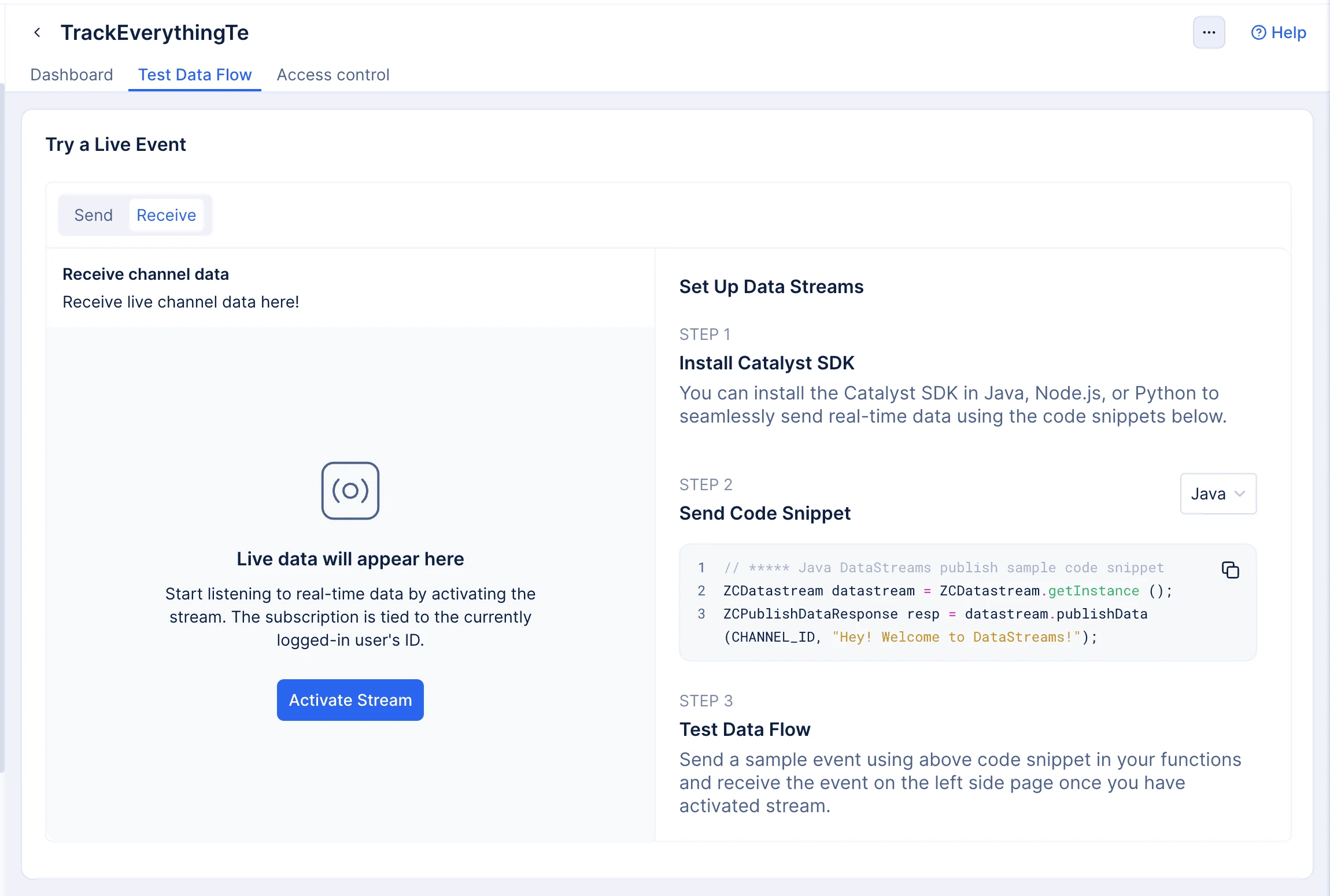 Test Data Flow Receive tab interface
