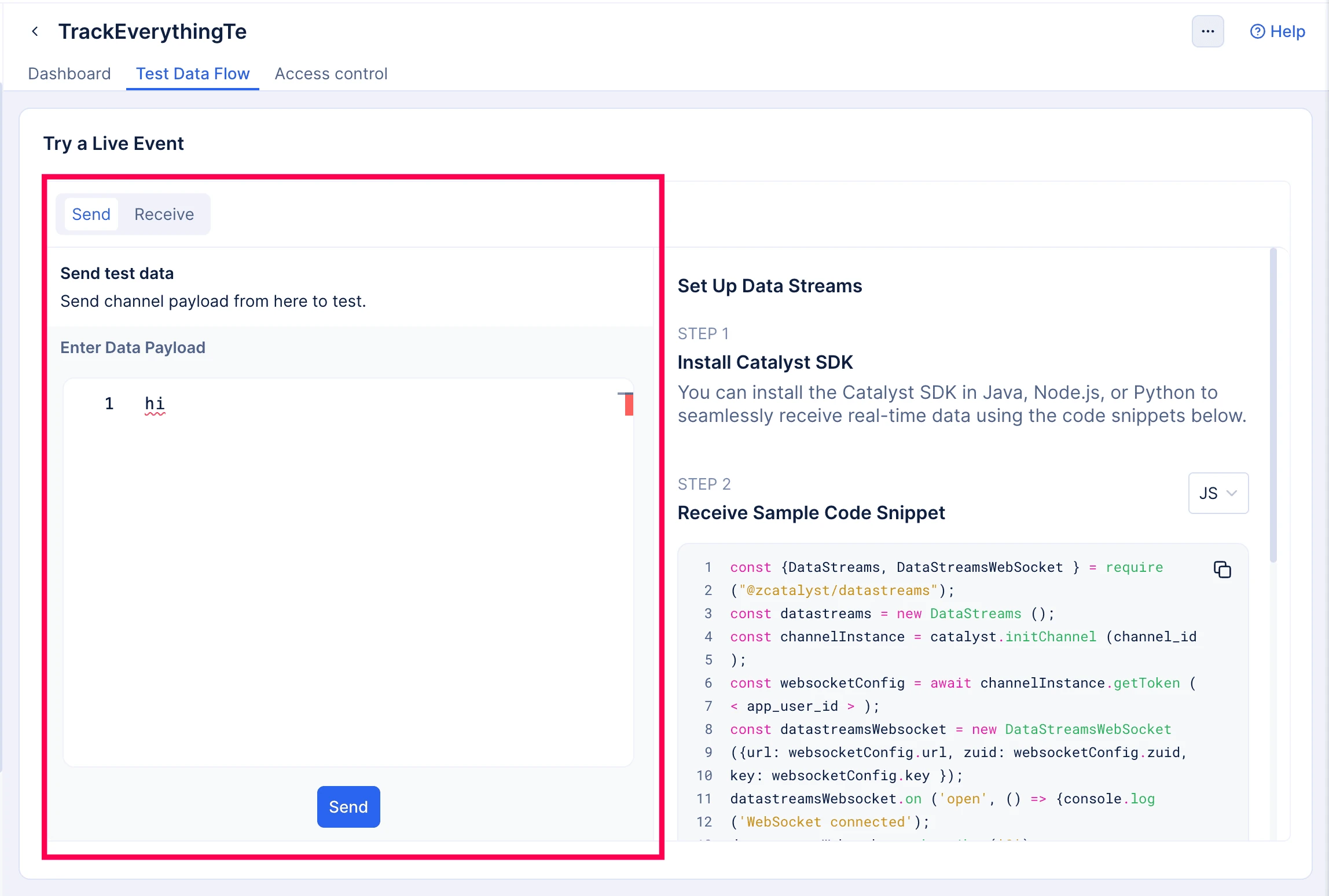 Test Data Flow Send tab interface